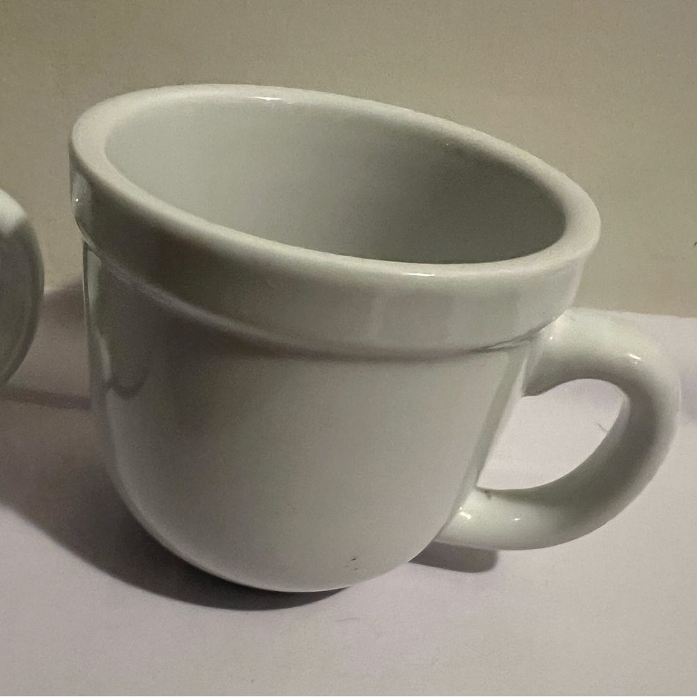 Set of 2 Pottery Barn Suppertime White Coffee Mugs Cups 3 1/2” Wide Rim Bistro - Picture 4 of 7
